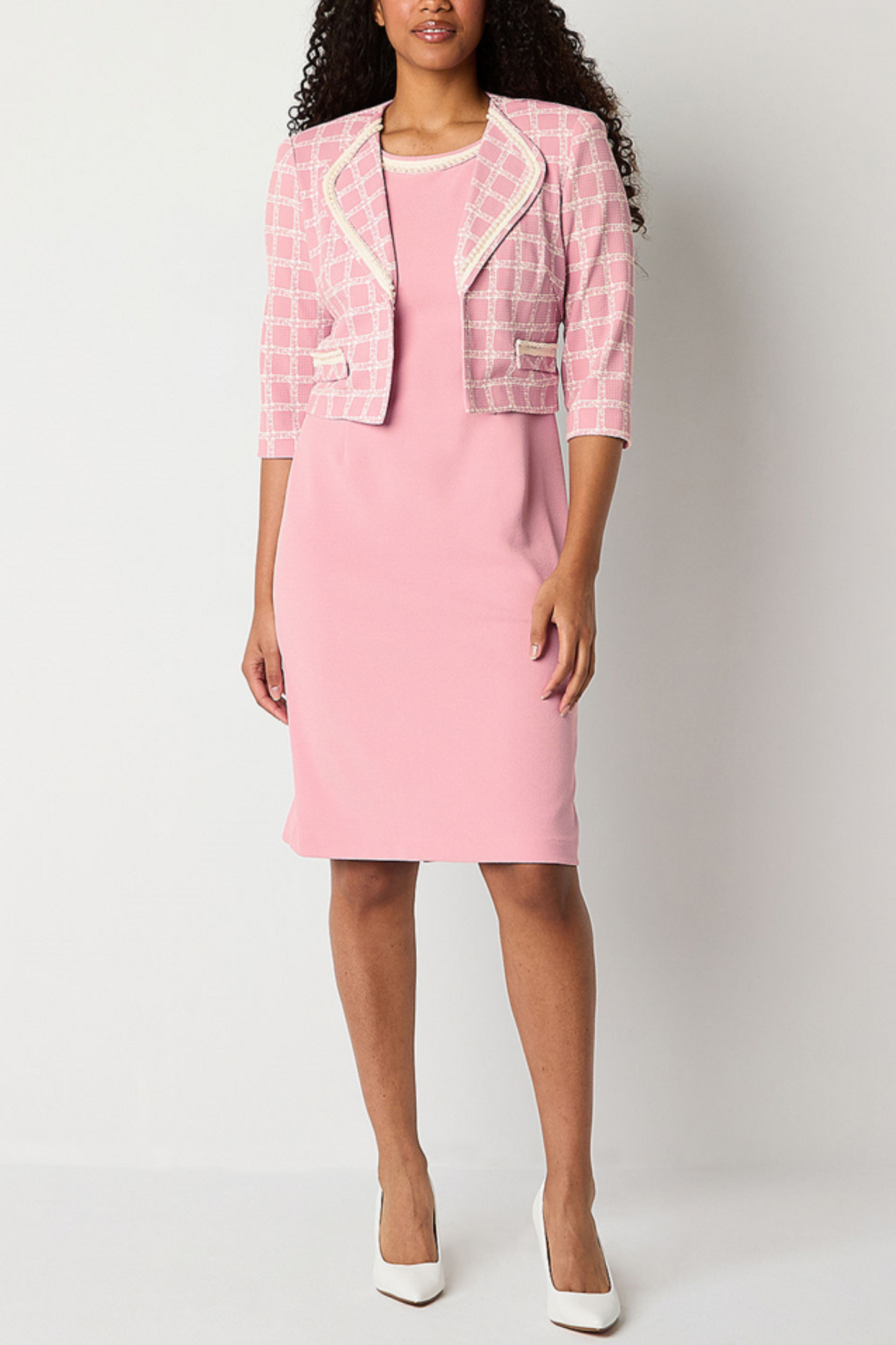 Maya Brooke Pearl Trim Checkered 2-Pc Jacket Dress