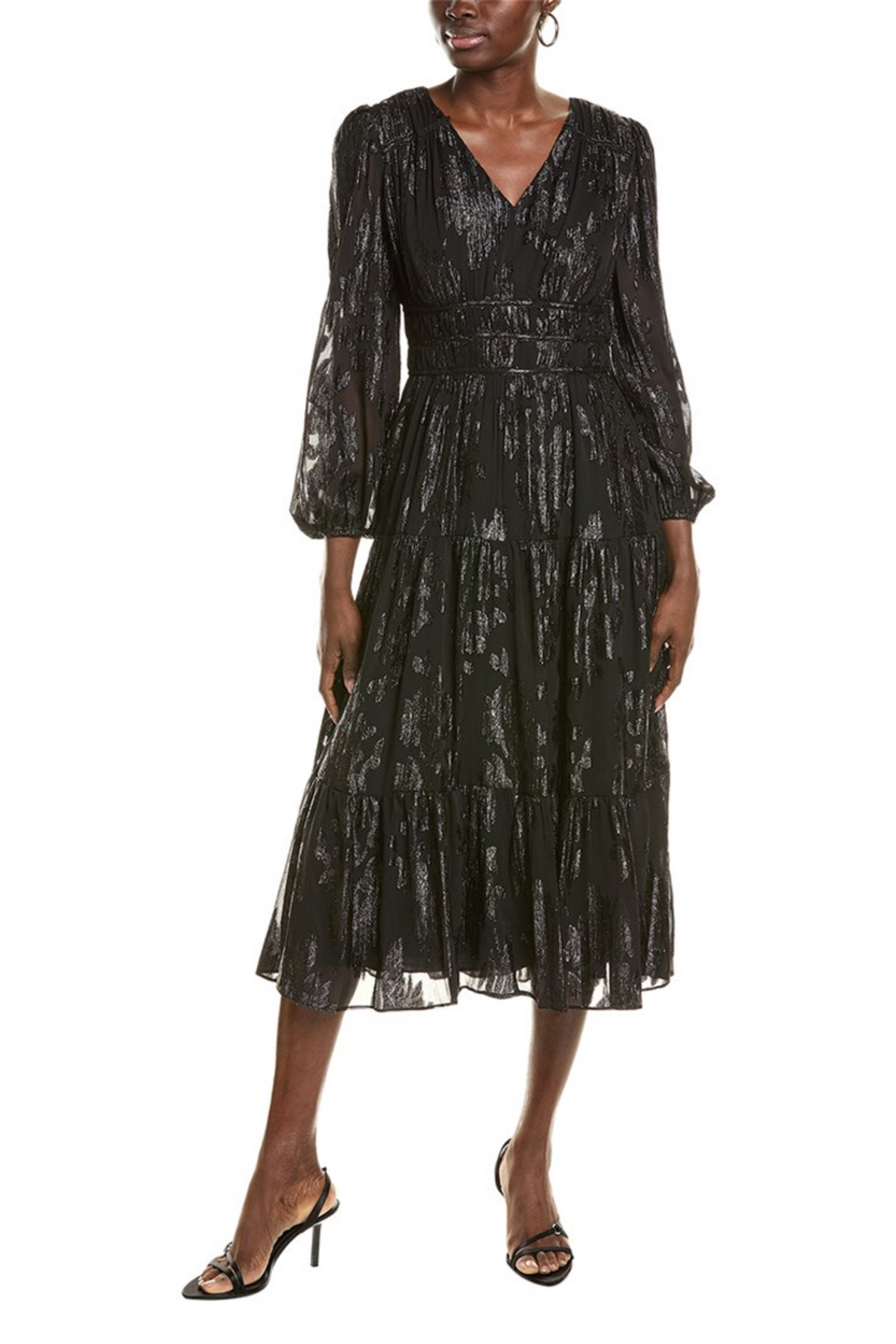 Nicole Miller Metallic V-Neck Tiered Evening Dress