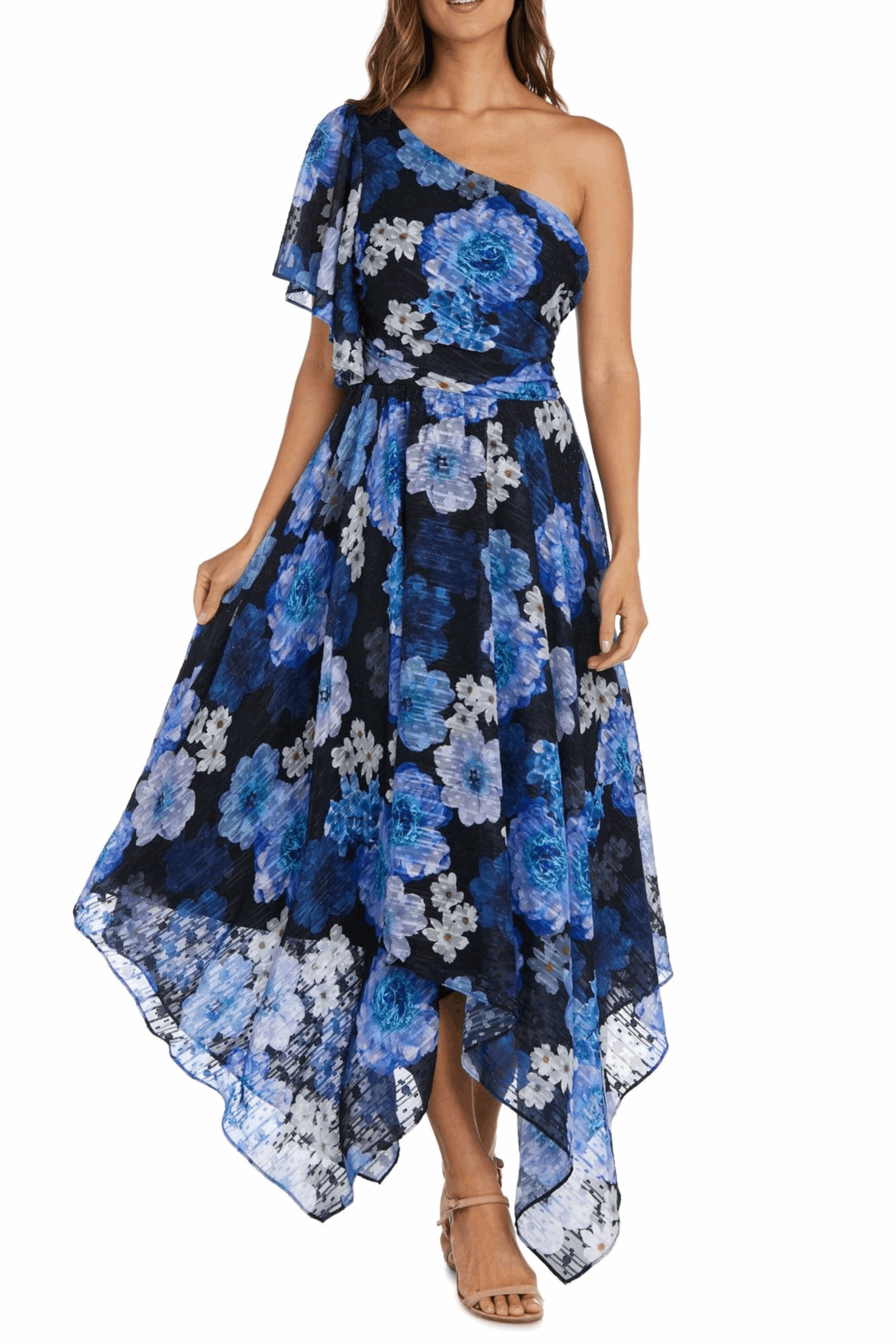 Nightway Black Royal Floral Print One Shoulder Evening Dress  New ...
