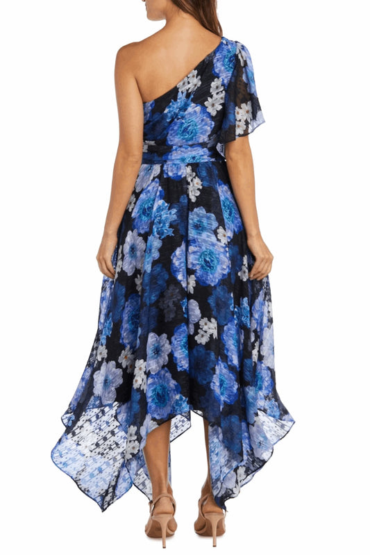 Nightway Black Royal Floral Print One Shoulder Evening Dress