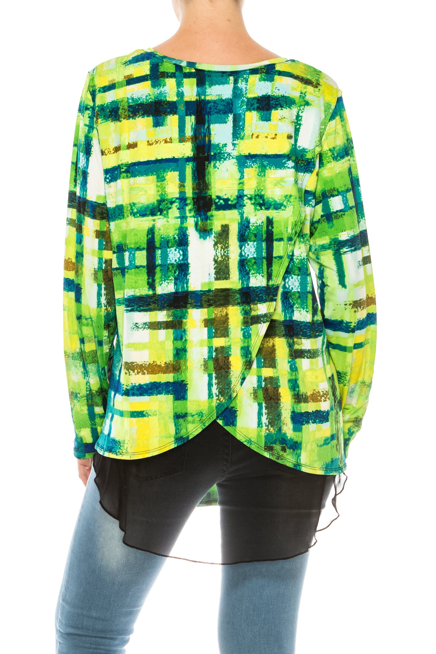 Nygard Lime Grid Print Long Sleeve Top with Pleather Constrast
