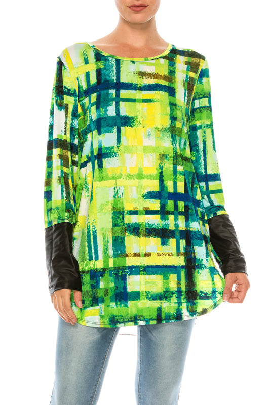 Nygard Lime Grid Print Long Sleeve Top with Pleather Constrast