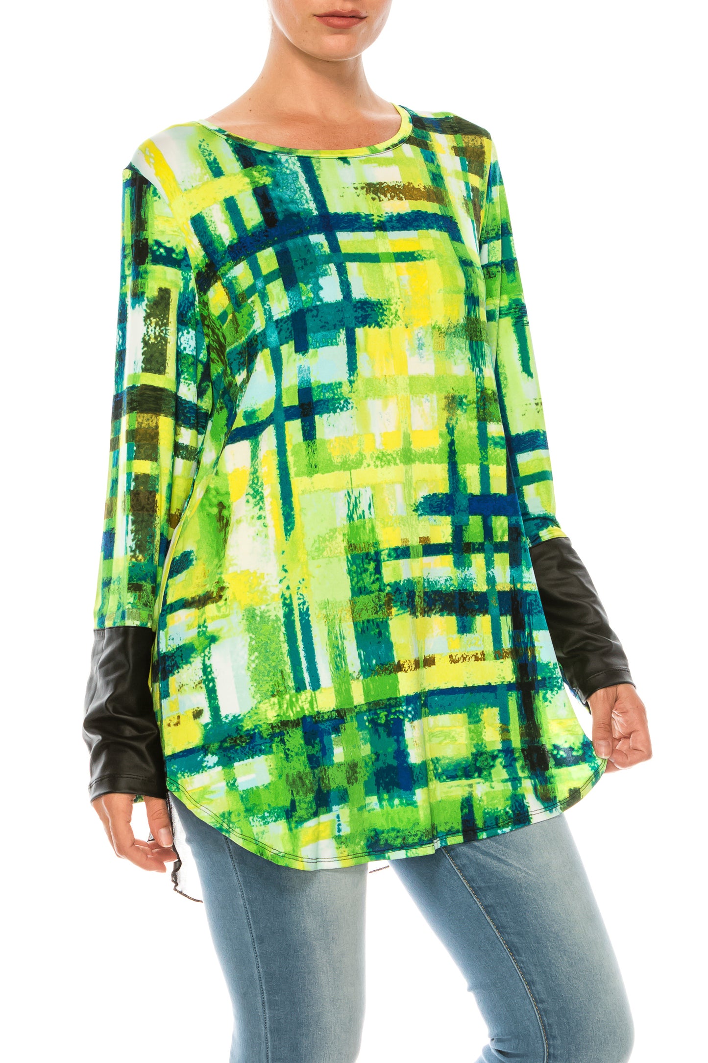 Nygard Lime Grid Print Long Sleeve Top with Pleather Constrast