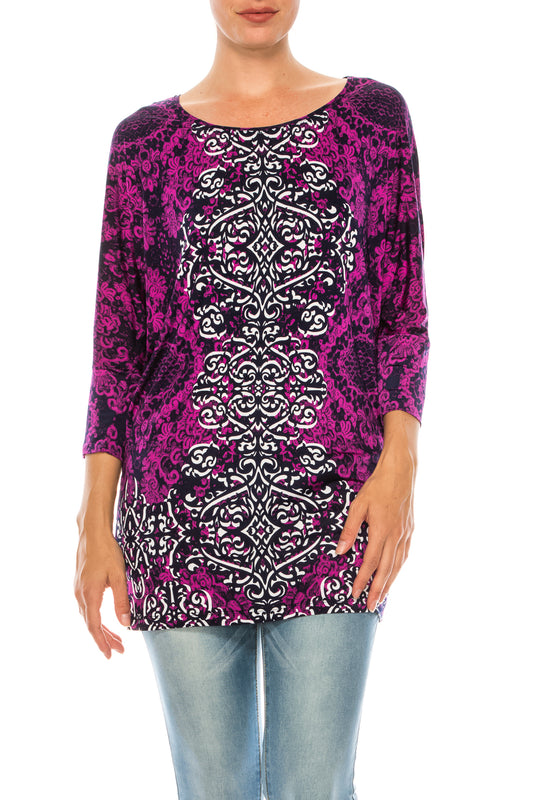 Nygard Navy Scroll Paisley Print Dolman Sleeve Top