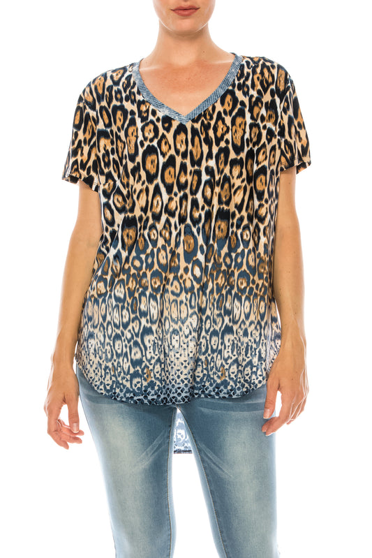 Nygard Indigo Leopard Print Short Sleeve Hi-Lo Hem Top