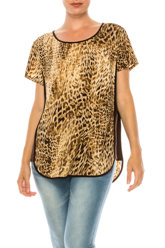 Nygard Coffee Animal Print Short Sleeve Relax Fit Top