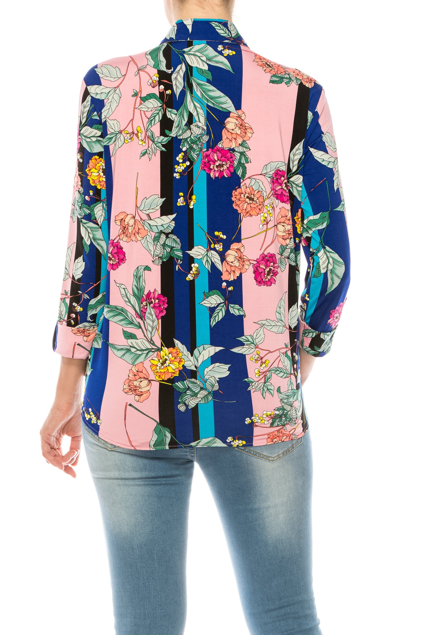 Nygard Blue Carn Stripe Floral Print 3/4 Sleeve Collared Top