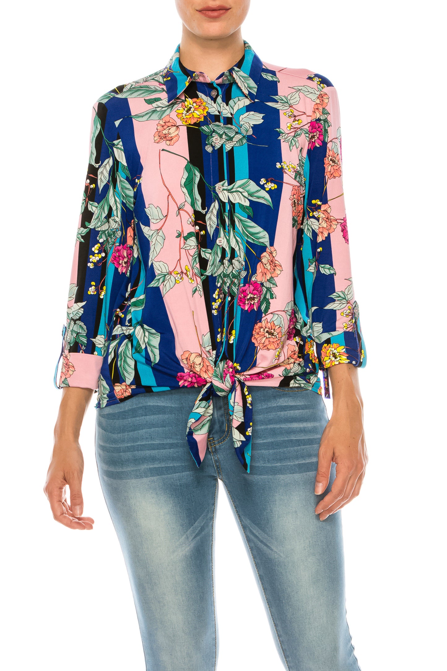 Nygard Blue Carn Stripe Floral Print 3/4 Sleeve Collared Top