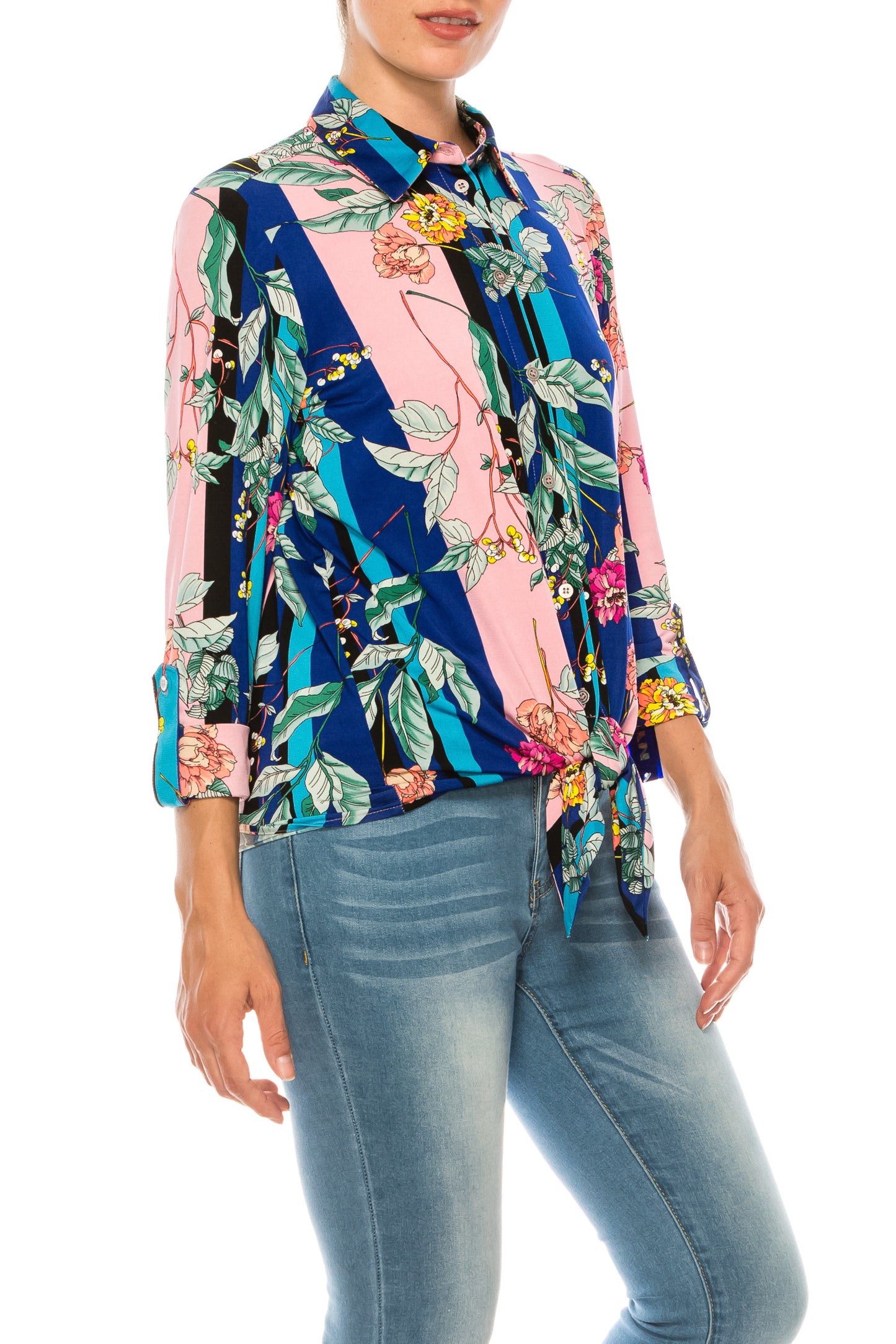 Nygard Blue Carn Stripe Floral Print 3/4 Sleeve Collared Top
