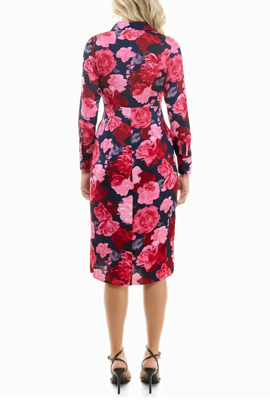 Nicole Miller Floral Long Sleeve Faux-Wrap Dress