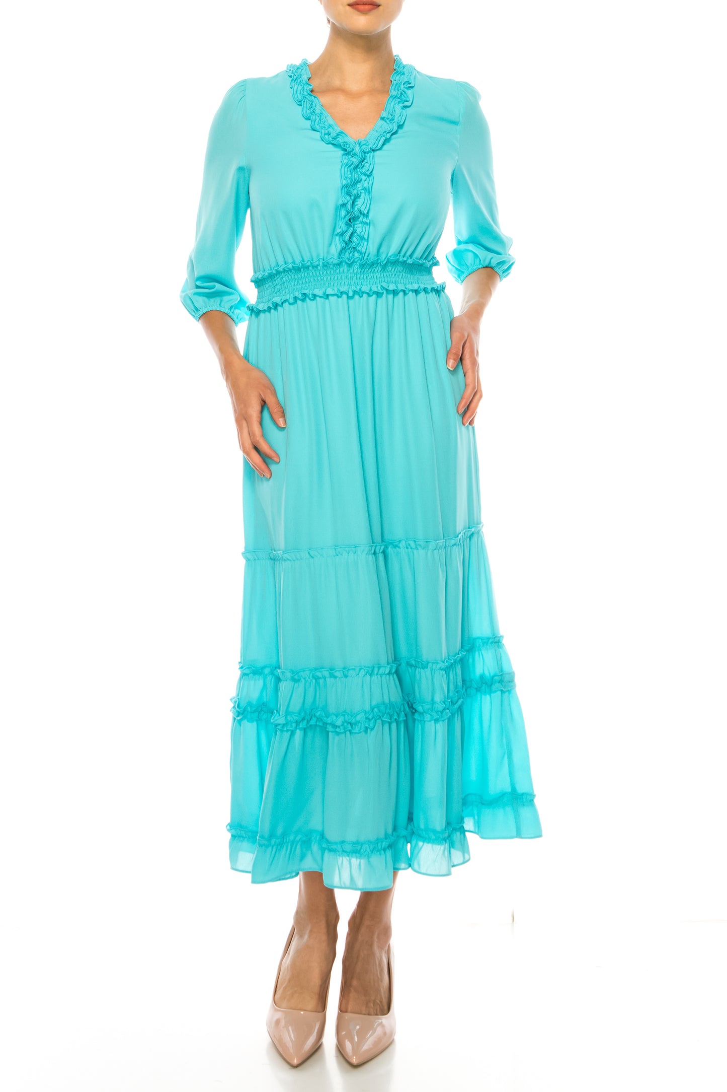 Nicole Miller Smocked Waist Tiered Maxi Dress