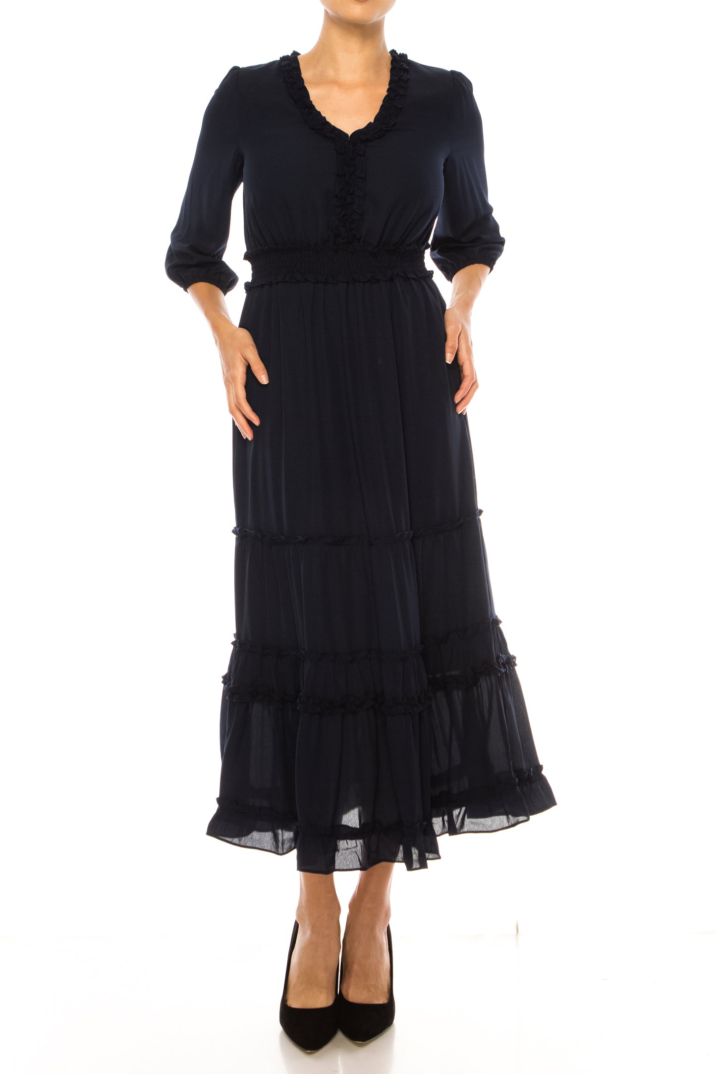 Nicole Miller Smocked Waist Tiered Maxi Dress