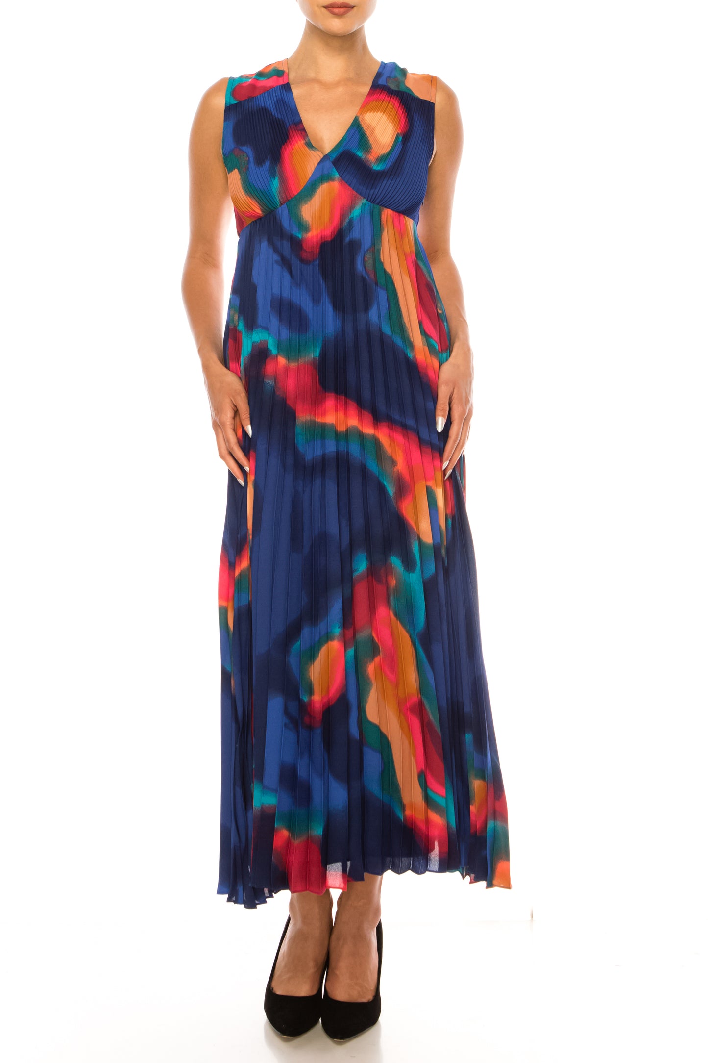 Nicole Miller Pleated Abstract Sleeveless Dress