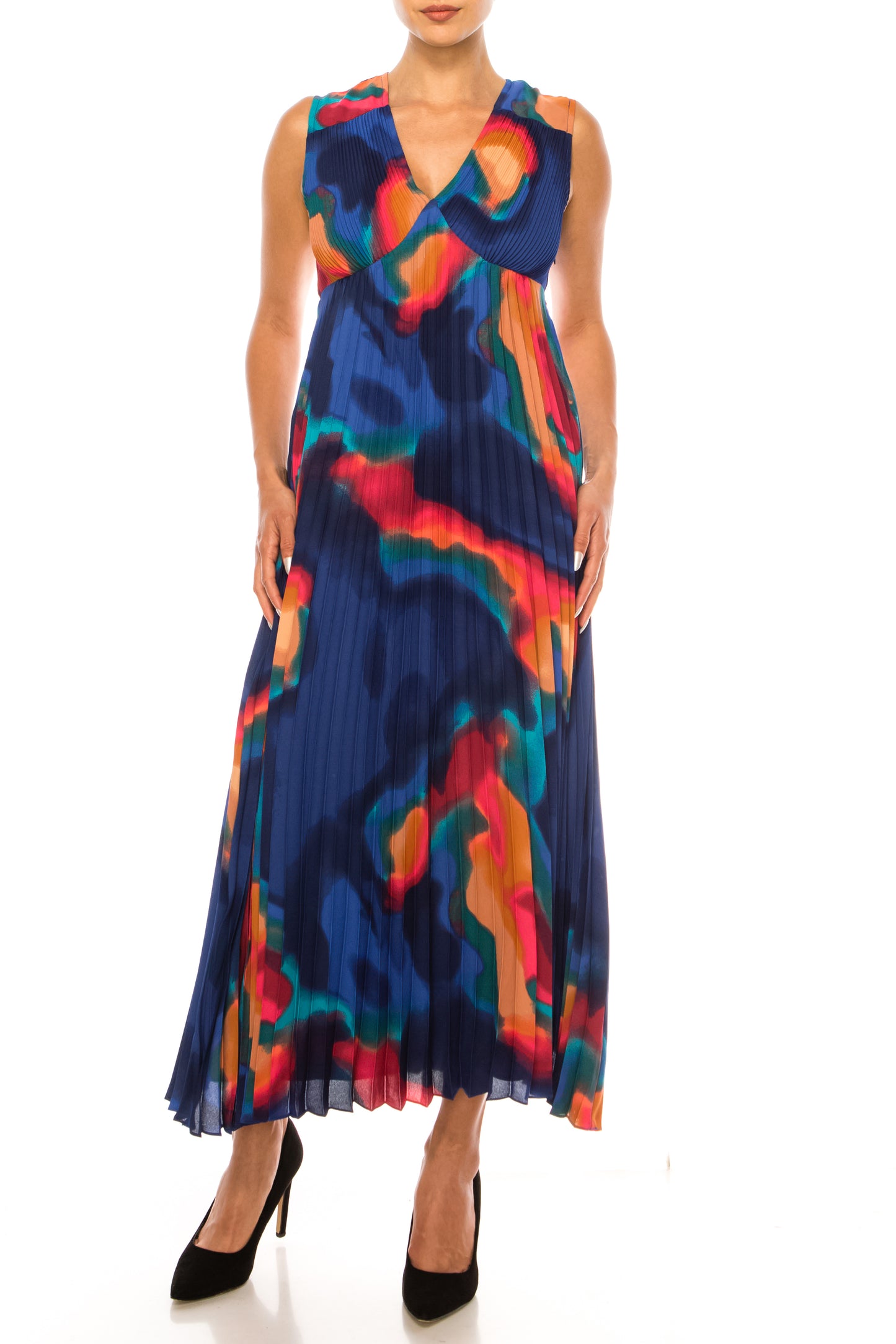 Nicole Miller Pleated Abstract Sleeveless Dress