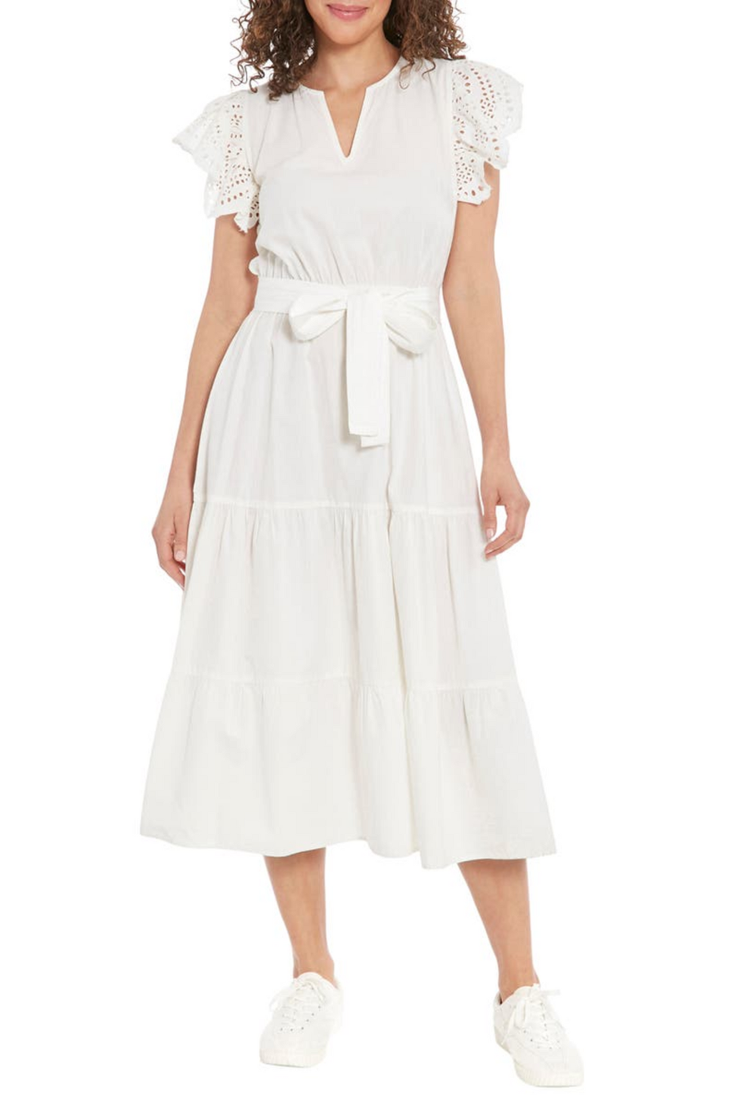 Nicole Miller Belted Eyelet Sleeve Tiered Dress