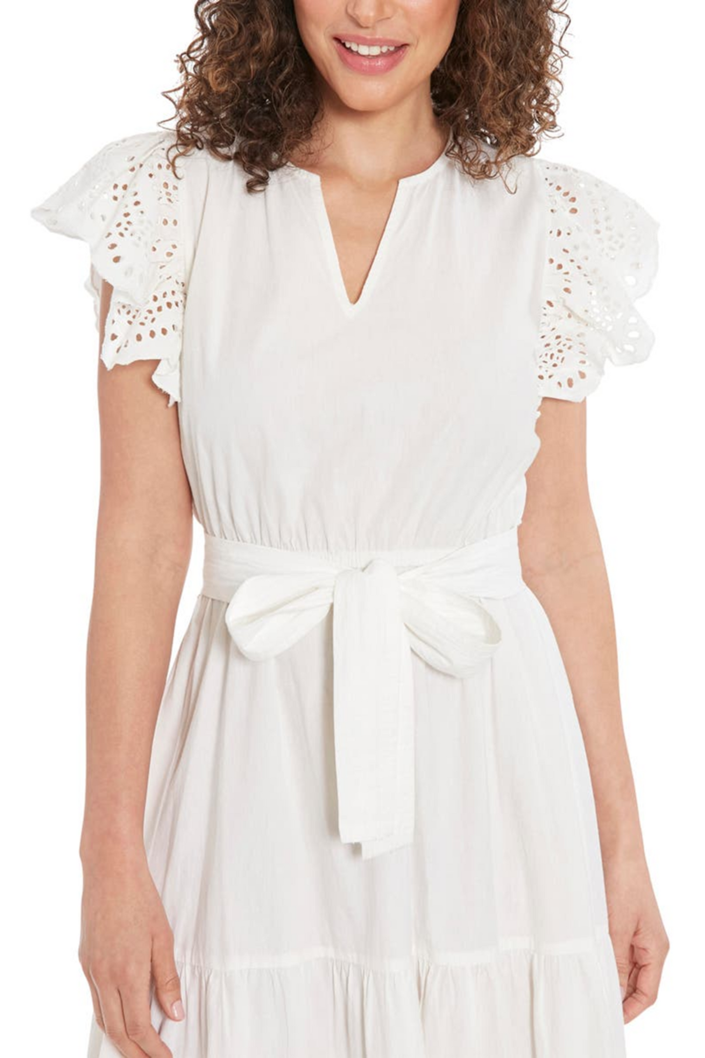 Nicole Miller Belted Eyelet Sleeve Tiered Dress