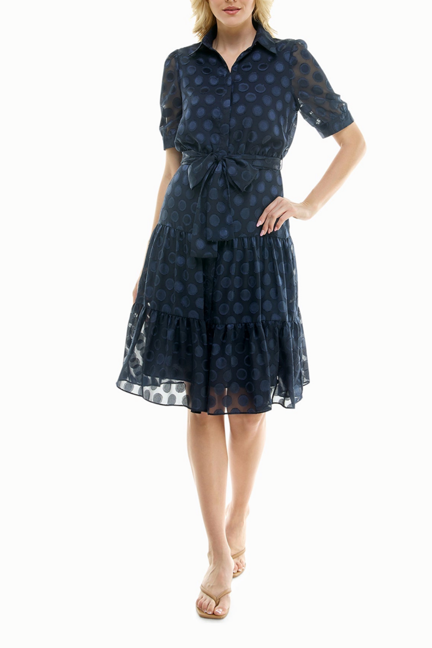 Nicole Miller Dotted Collared Belted Shirt Dress