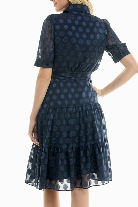 Nicole Miller Dotted Collared Belted Shirt Dress