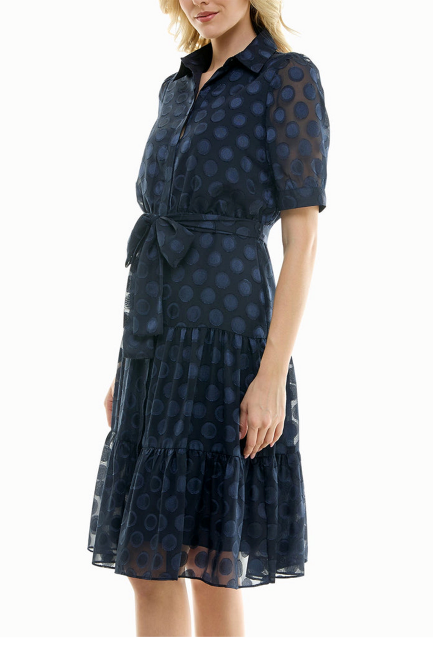 Nicole Miller Dotted Collared Belted Shirt Dress