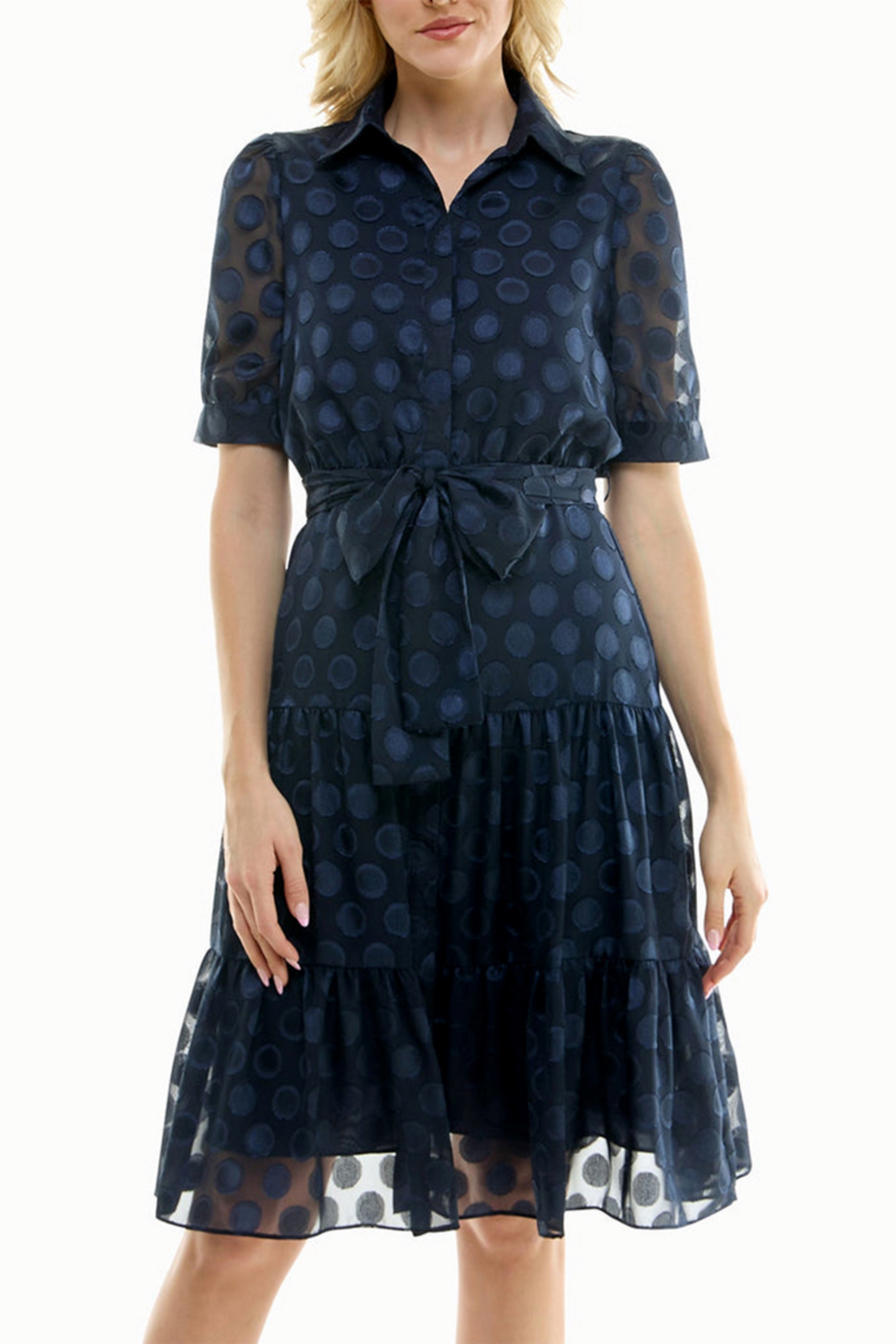 Nicole Miller Dotted Collared Belted Shirt Dress