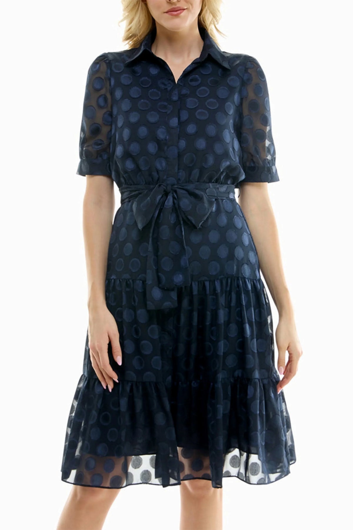 Nicole Miller Dotted Collared Belted Shirt Dress