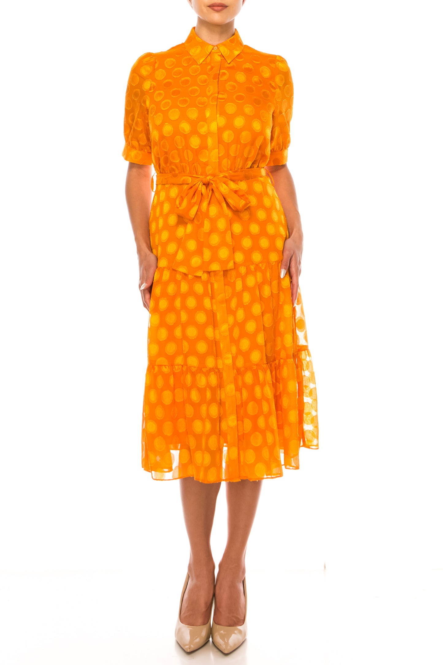 Nicole Miller Dotted Collared Belted Shirt Dress