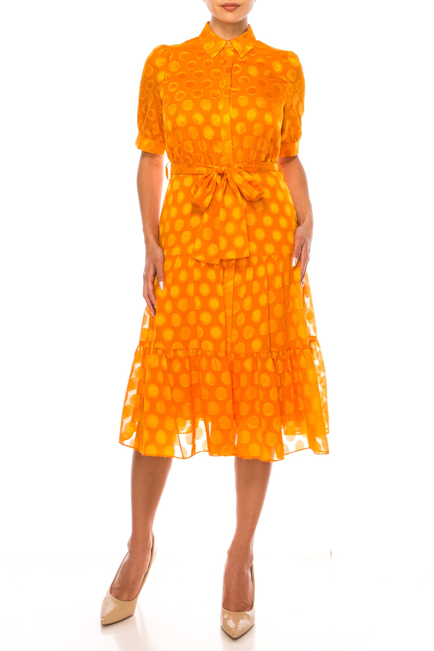 Nicole Miller Dotted Collared Belted Shirt Dress