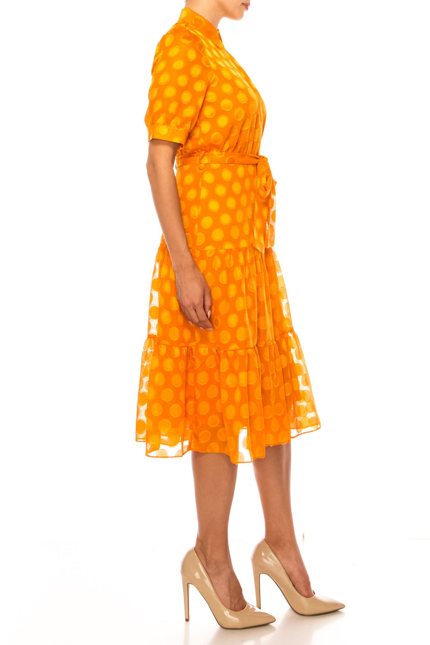 Nicole Miller Dotted Collared Belted Shirt Dress