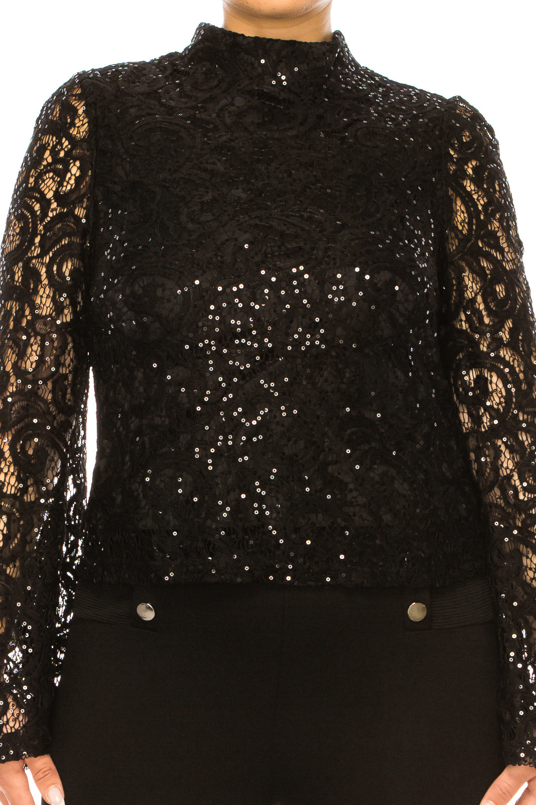 Nicole Miller Long Bell Sleeve Sequined Lace Top
