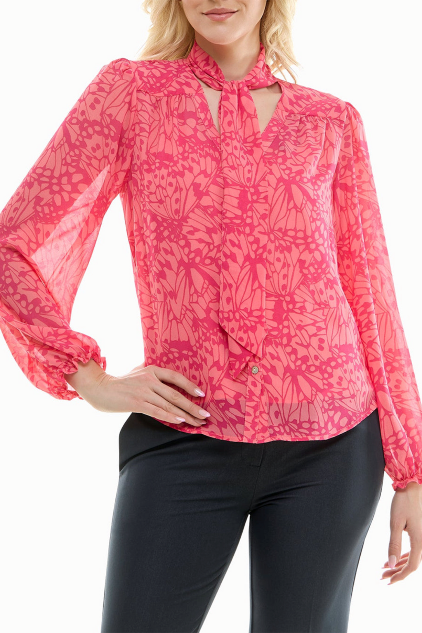 Nicole Miller Printed Button-Down Tie Neck Blouse