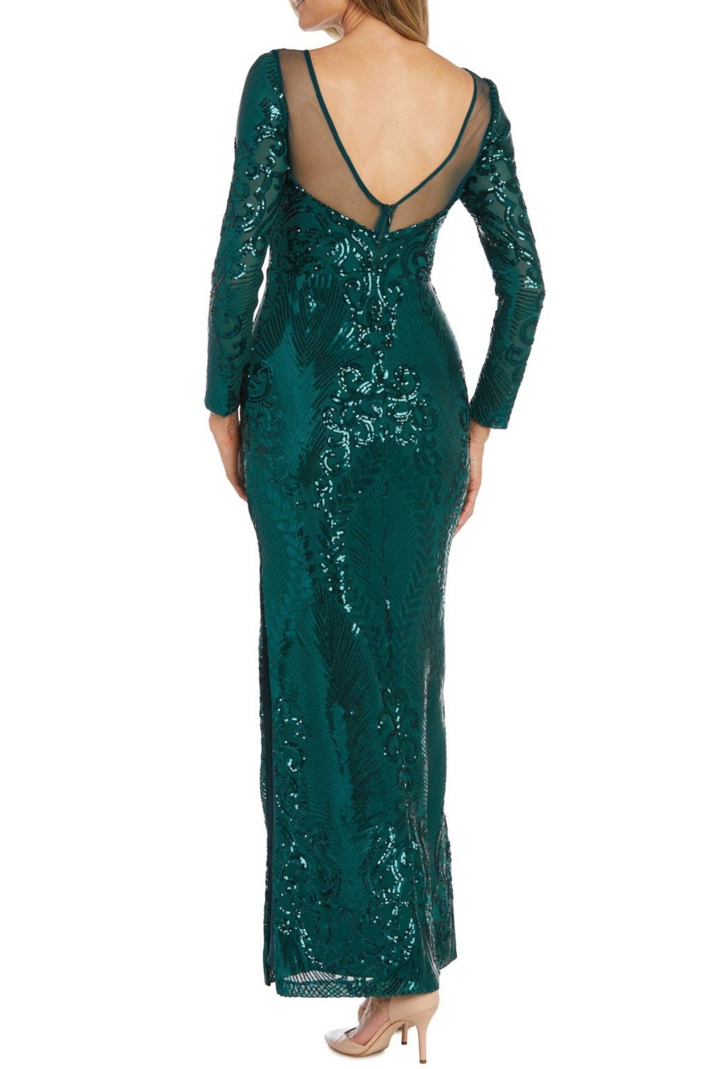 Nightway Sequined Long Sleeve Evening Gown