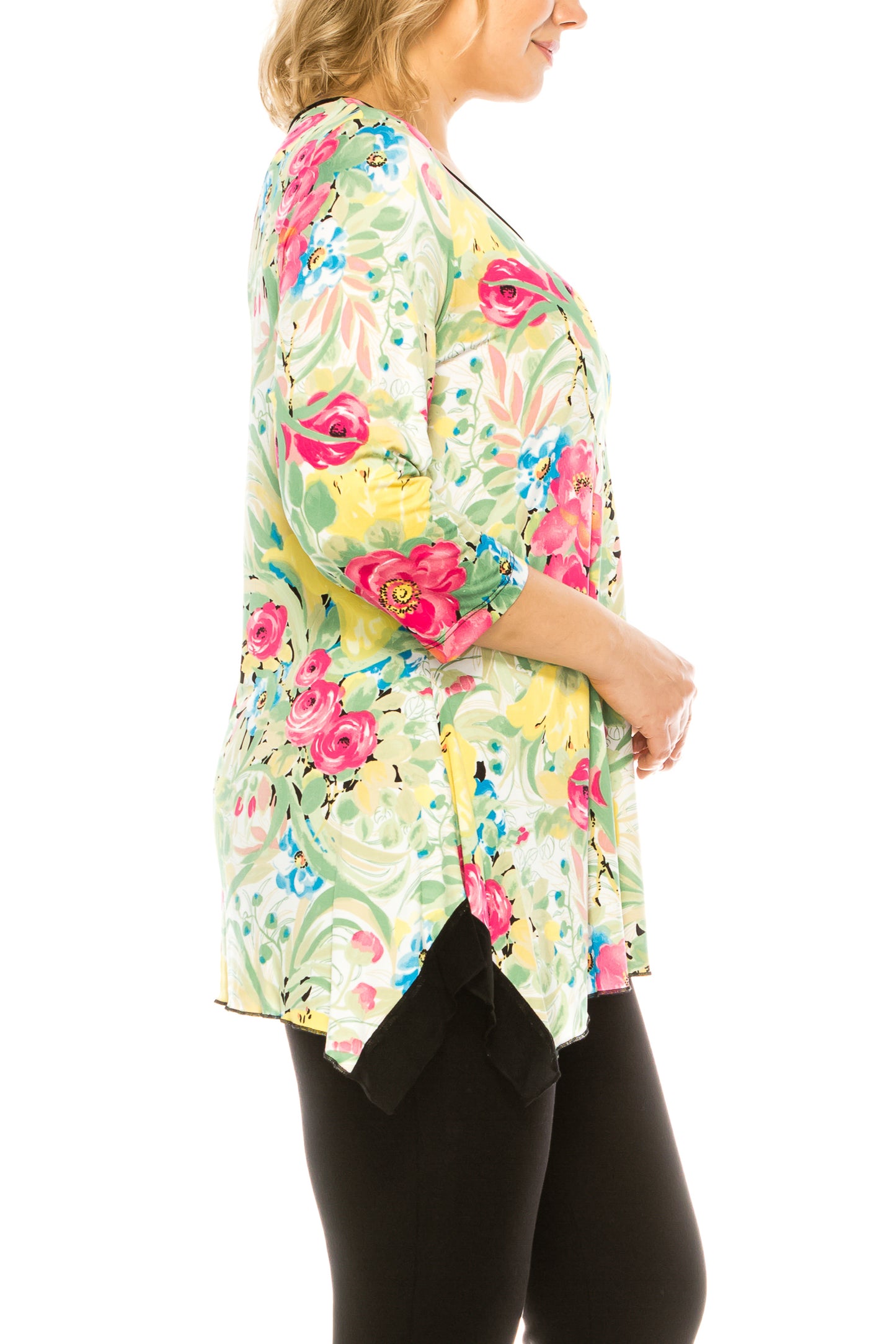 Nygard Black Maize Combo Floral Print 3/4 Sleeve Tunic Top