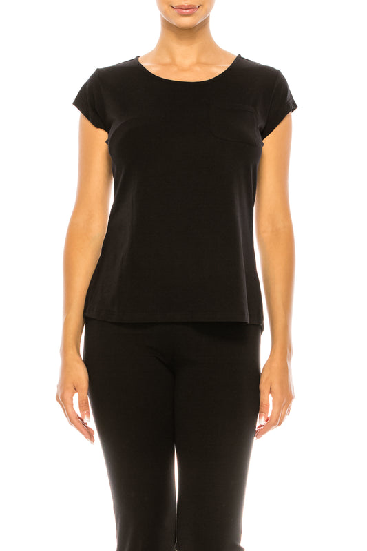 Nygard Black Chest Pocket Cap Sleeve Top