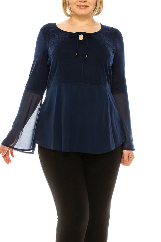 Nygard Indigo Solid Embroidery Detail Bell Sleeve Poplin Top