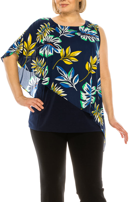 Nygard Navy Palm Print Sleeveless Cap Top