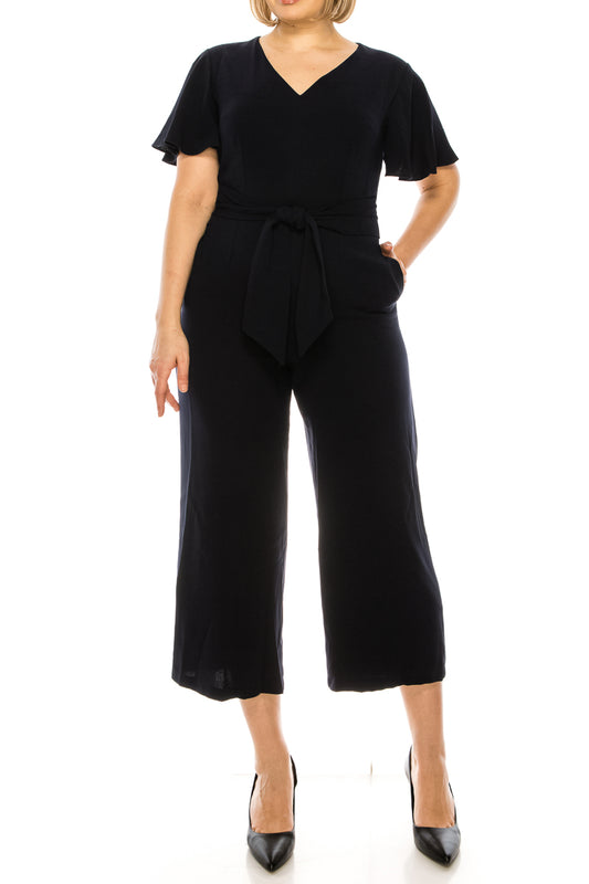 Nygard Deep Navy Short Flutter Sleeve Front Tie Jumpsuit
