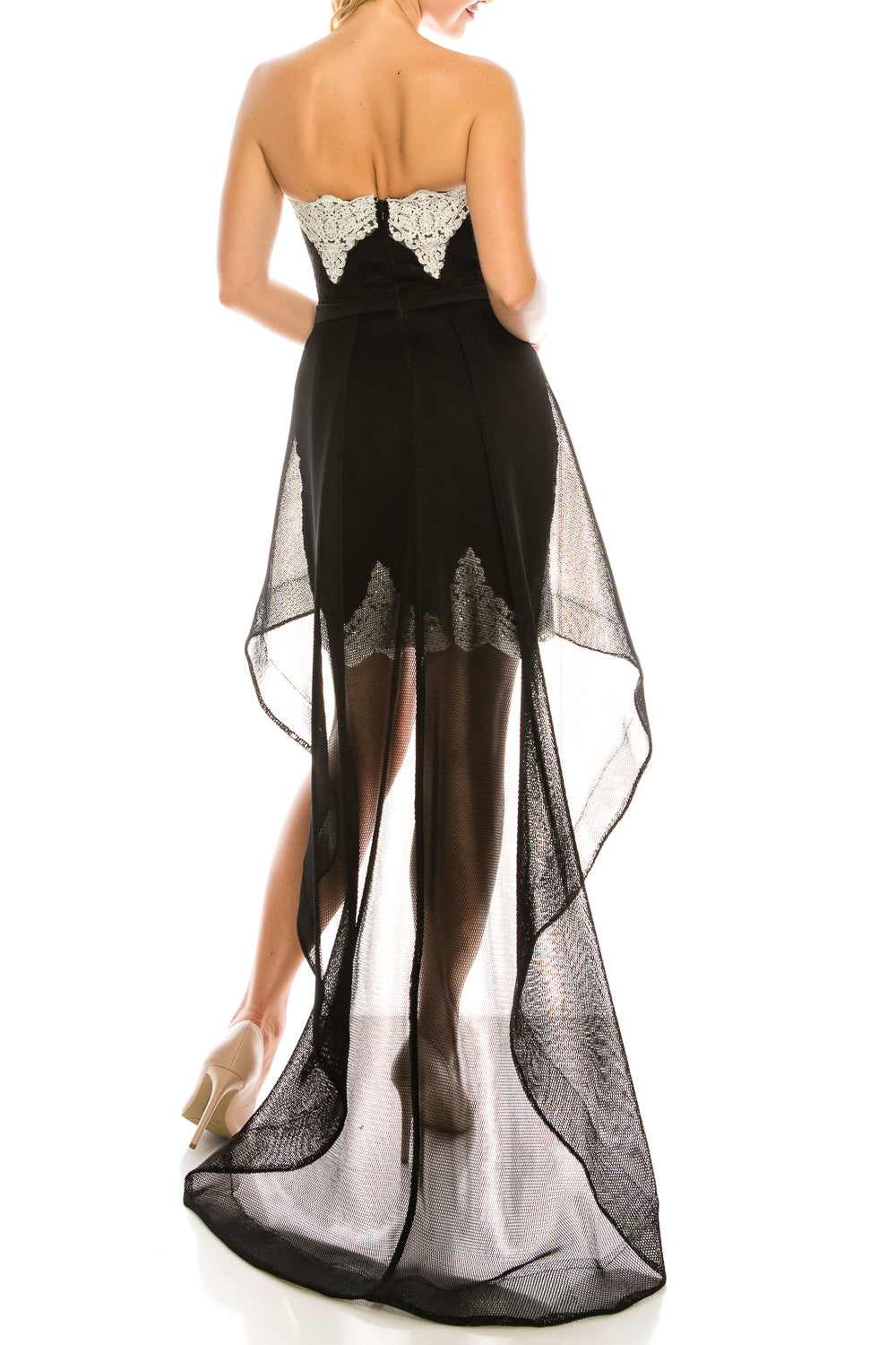 Odrella Strapless Embroidered Lace High-Low Dress
