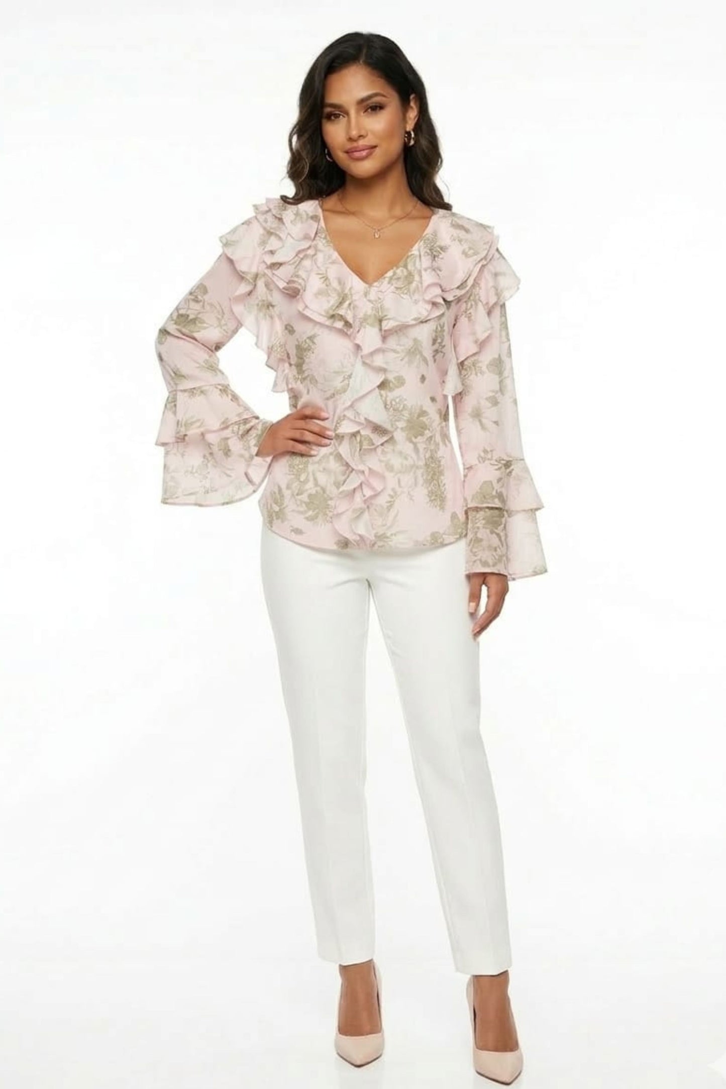 Hester & Orchard Romantic Floral Ruffle V-Neck Blouse