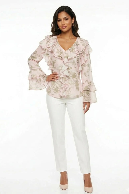 Hester & Orchard Romantic Floral Ruffle V-Neck Blouse