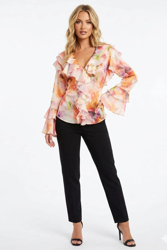 Hester & Orchard Vibrant Abstract Floral Ruffle Statement Blouse