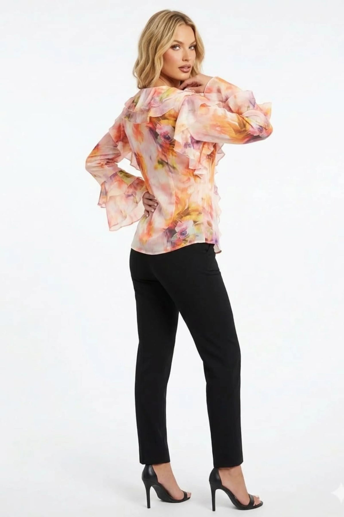 Hester & Orchard Vibrant Abstract Floral Ruffle Statement Blouse