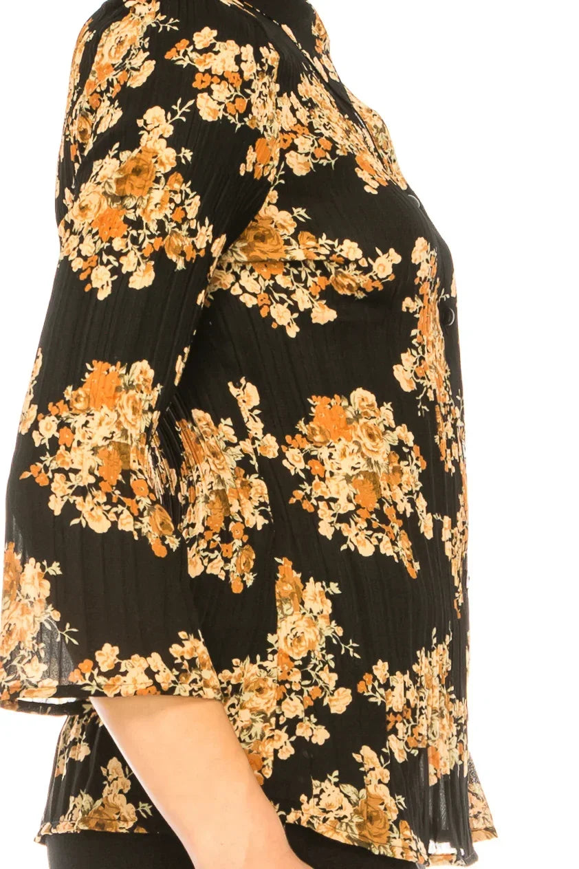 Peach Velvet Floral Pleated Long Sleeve Shirt
