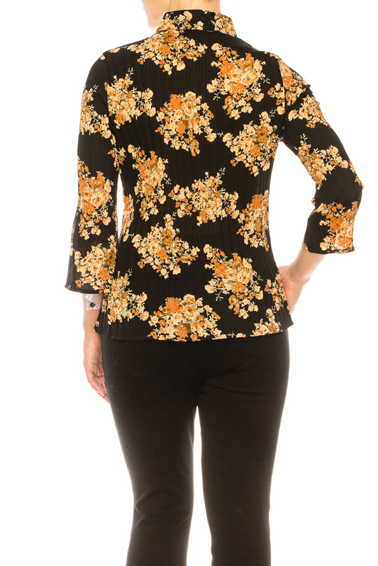 Peach Velvet Floral Pleated Long Sleeve Shirt