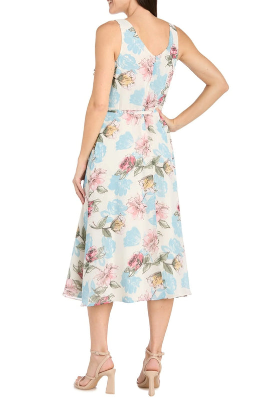 RM Richards Ivory Denim Flower Print Midi Dress
