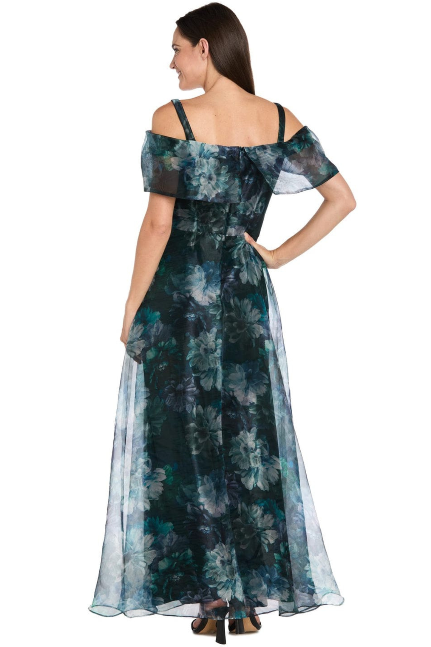 R&M Richards Hunter Green Floral Printed Off-The-Shoulder Evening Dress