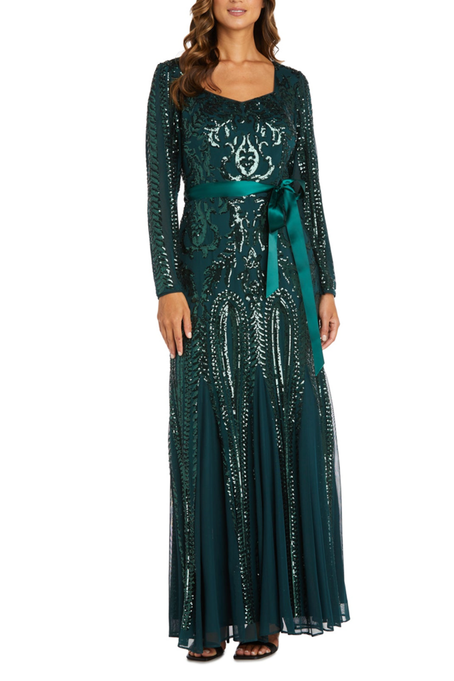 RM Richards Long Sleeve Sequined Evening Dress