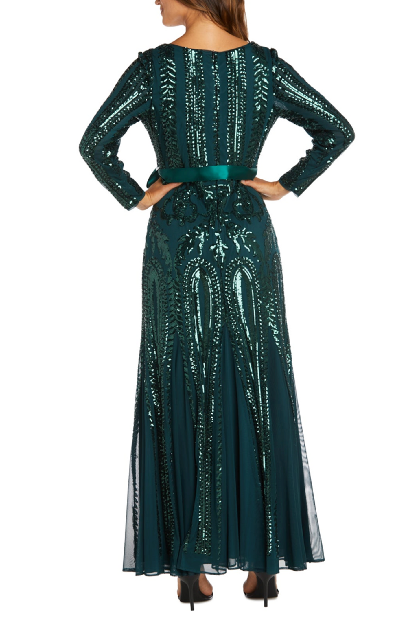 RM Richards Long Sleeve Sequined Evening Dress