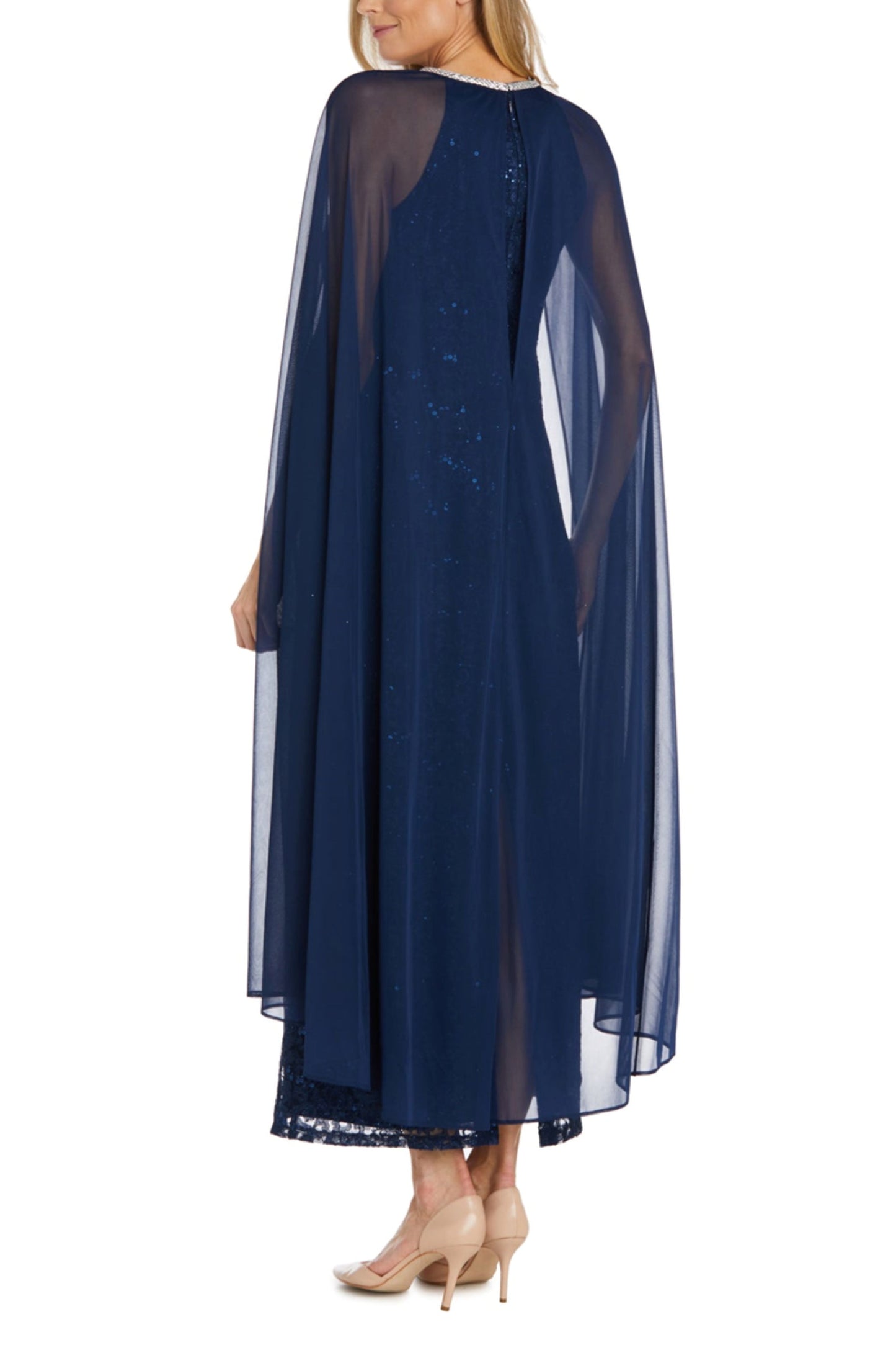 RM Richards Sequin Lace Attached Cape Evening Gown