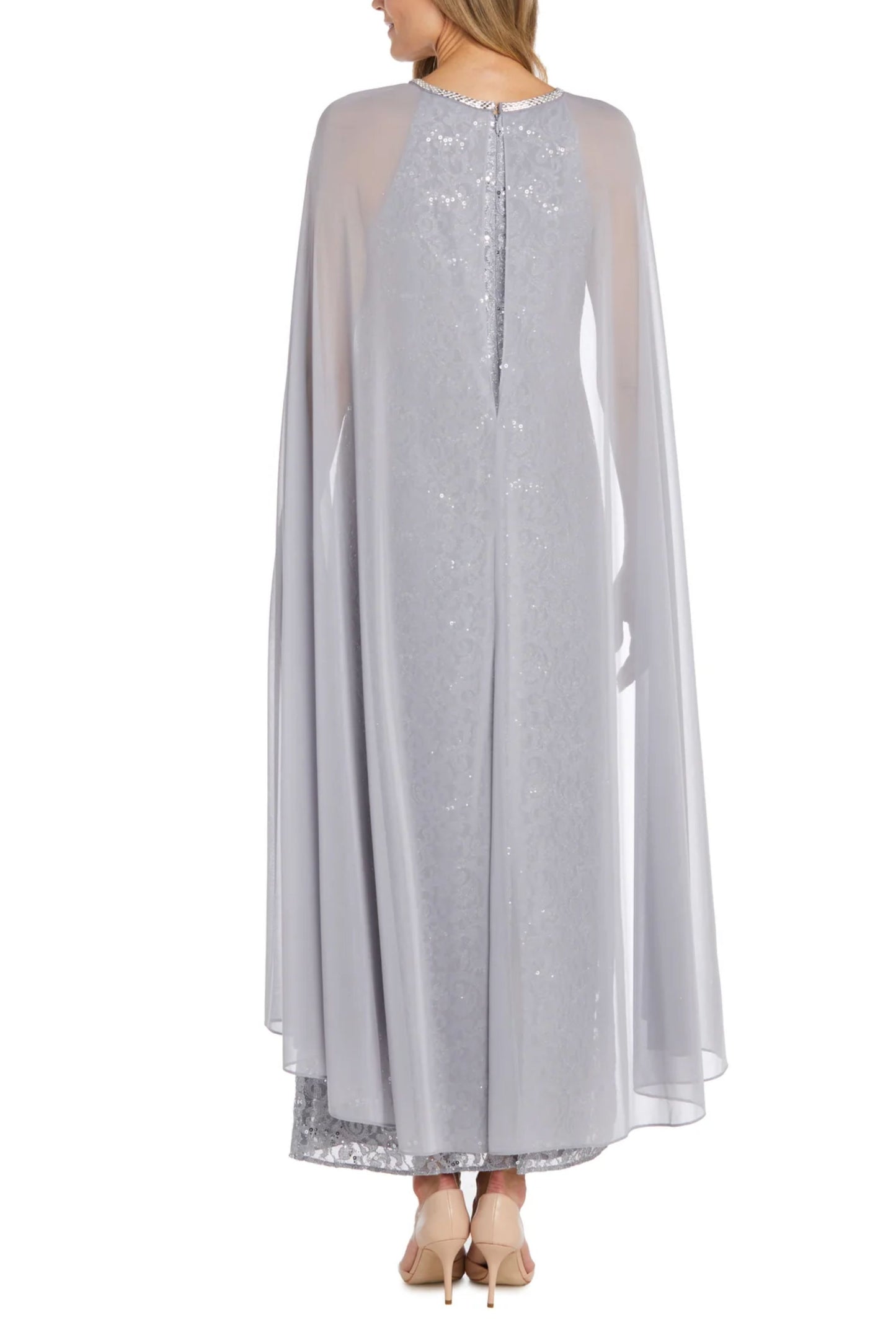 RM Richards Sequin Lace Attached Cape Evening Gown