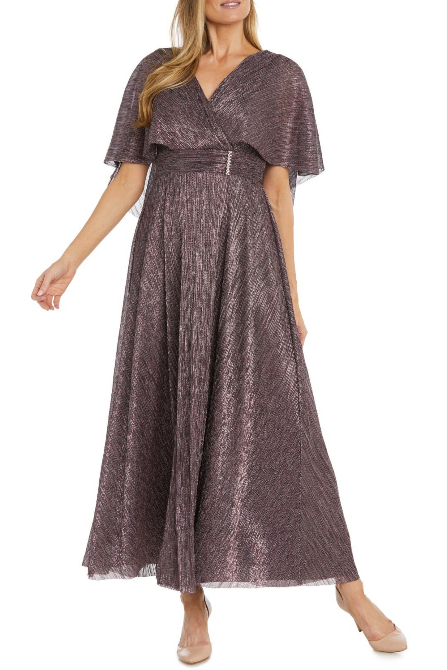 RM Richards Caplet Sleeve Metallic Evening Dress
